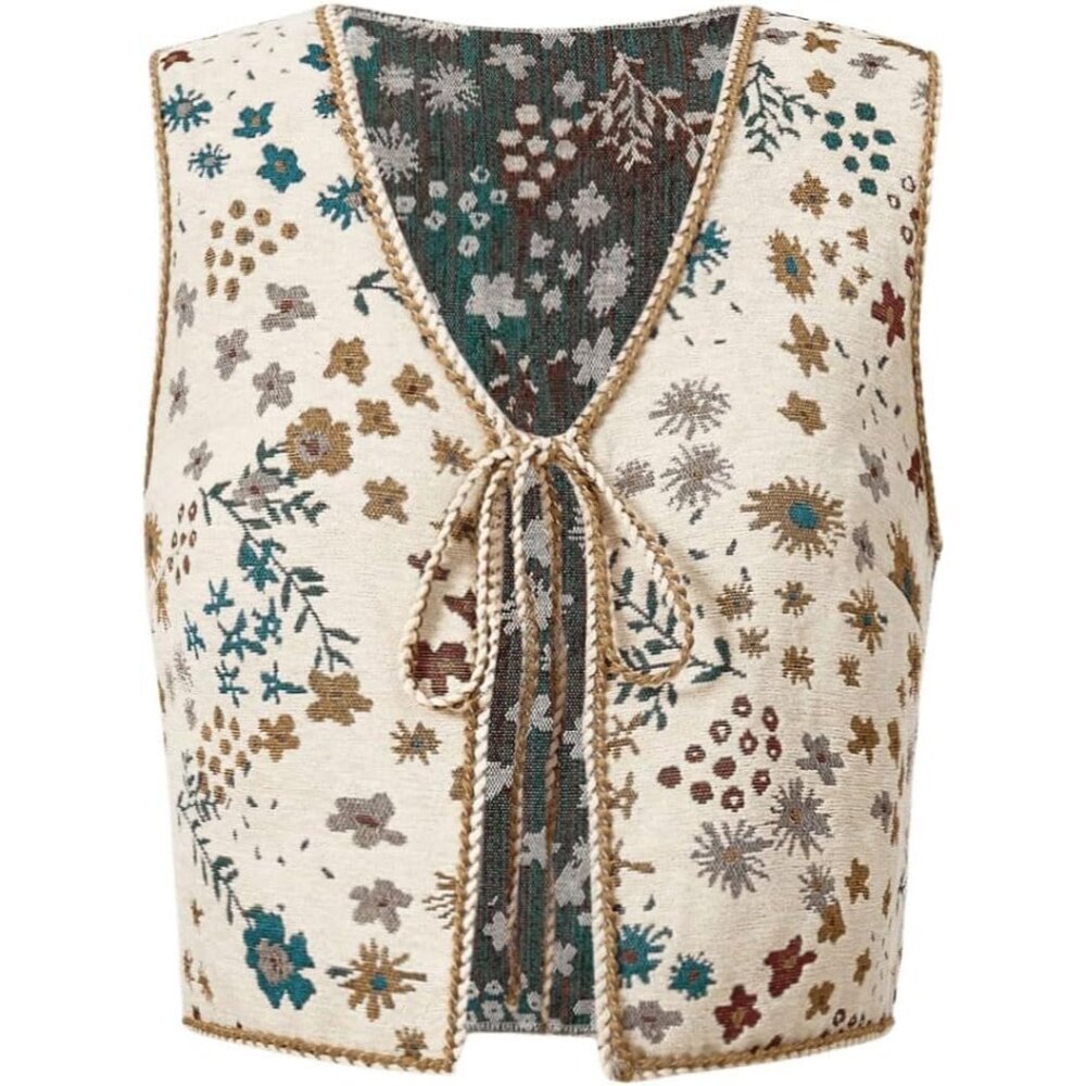Women's Cotton Sleeveless Crop Top Tie Front Vintage Style Casual